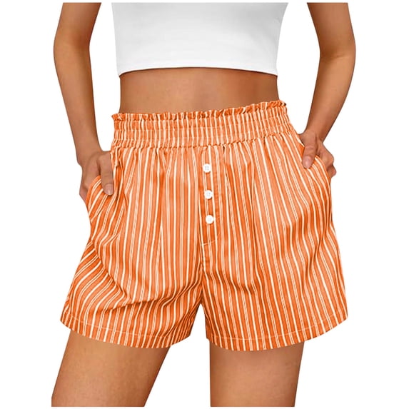 TEAJOPSUU Womens Striped Shorts Ruffle Elastic Waist Button Shorts with Pockets Cute Boxer Bottoms Daily Casual Pajamas Orange