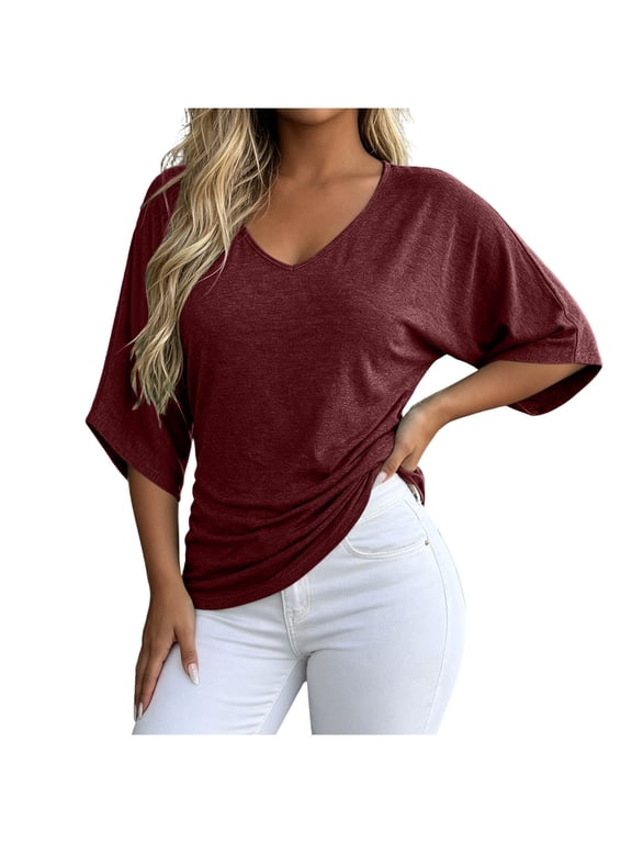 Womens Summer 3/4 Sleeve Tops Casual Drop Shoulder V Neck Loose Shirts Daily Baggy Solid Polycotton Blouses Burgundy