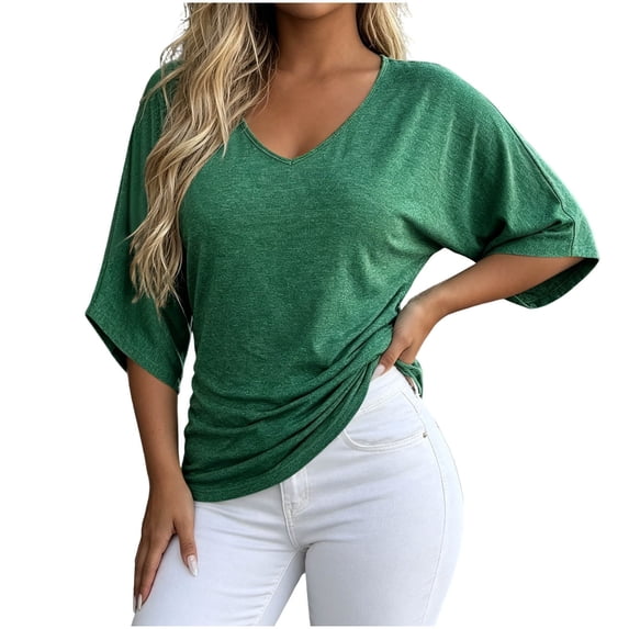 TEAJOPSUU Womens Summer 3/4 Sleeve Tops Casual Drop Shoulder V Neck Loose Shirts Daily Baggy Solid Polycotton Blouses Green