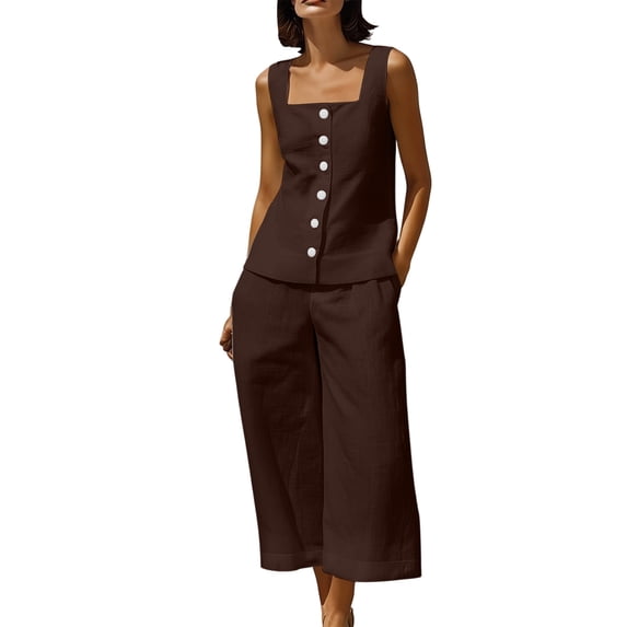 TEAJOPSUU Womens Summer Linen 2 Piece Solid Sets Matching Travel Outfits Sleeveless Square Neck Button Down Tank Tops Elastic Wide Leg Capri Pants Sets Brown