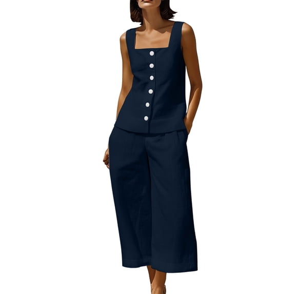 TEAJOPSUU Womens Summer Linen 2 Piece Solid Sets Matching Travel Outfits Sleeveless Square Neck Button Down Tank Tops Elastic Wide Leg Capri Pants Sets Navy