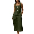 thumbnail image 1 of TEAJOPSUU Womens Summer Linen 2 Piece Solid Sets Matching Travel Outfits Sleeveless Square Neck Button Down Tank Tops Elastic Wide Leg Capri Pants Sets Olive Green, 1 of 6
