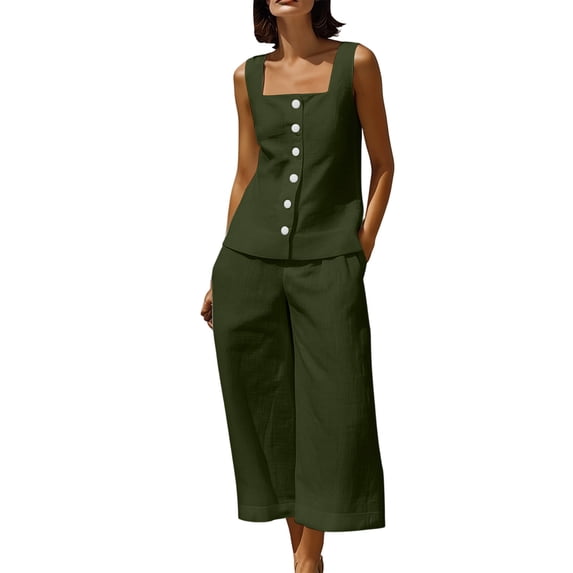 TEAJOPSUU Womens Summer Linen 2 Piece Solid Sets Matching Travel Outfits Sleeveless Square Neck Button Down Tank Tops Elastic Wide Leg Capri Pants Sets Olive Green