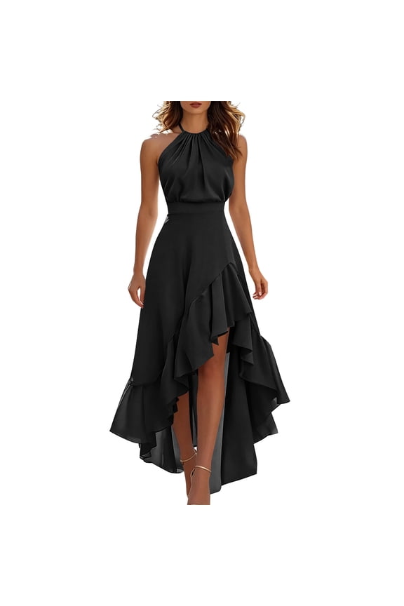 Womens Summer Sleeveless Dress Crew Neck High-Low Ruffle Hem Maxi Dress Elegant formal Bridesmaid & Cocktail Party Dress B-Black