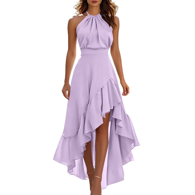 purple summer bridesmaid dresses TEAJOPSUU Womens Sleeveless Dress Crew Neck High-Low Ruffle Hem Maxi Dress Elegant formal & Cocktail Party Dress B-Purple different shades of purple bridesmaid dresses