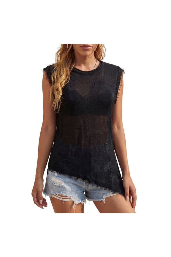 Womens Summer Tank Tops Solid Color Round Neck Sleeveless Blouses with Fringe Trim Flowy Asymmetric Split Hem Shirt Trendy Going Out Wear Black