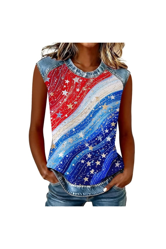 Womens Summer Tops Red White Blue Waffle Knit Crew Neck Tank Blouses for July 4th Independence Day and Patriotic Events G-Red