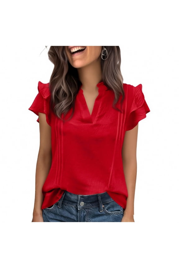 Womens Summer V Neck Blouse Double Layer Flounce Short Sleeve Elegant Tops Loose Fit Solid Color Casual Blouse for Daily and Office Wear,A-Red