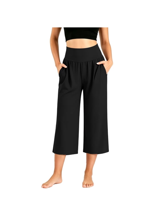 Womens Summer Wide Leg Capri Pants High Waisted Wide Waistband Trousers with Pockets Casual Wear Black