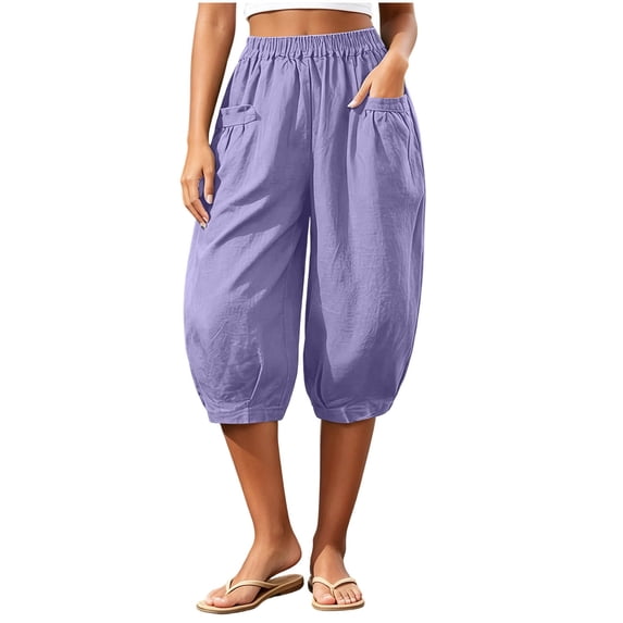TEAJOPSUU Womens Taper Capri Pants Loose Elastic Waist Baggy Wide Leg Cinching Bottom Capris Trousers with Pockets Summer Beach Casual Wear A-Purple