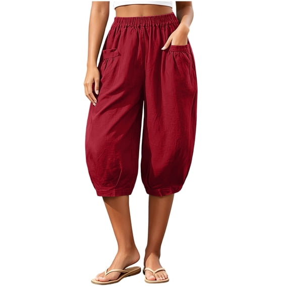 TEAJOPSUU Womens Taper Capri Pants Loose Elastic Waist Baggy Wide Leg Cinching Bottom Capris Trousers with Pockets Summer Beach Casual Wear A-Red