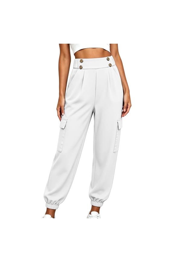 Womens Tapered Cargo Pants High Waist Wide Waistband Jogger Trousers with Pockets Casual Streetwear White