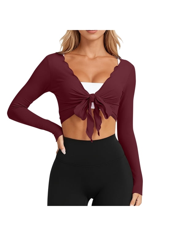 Womens Tie Front Wrap Tops Long Sleeve Bolero Shrugs Crop Cardigan Yoga Ballet Cover Up tops Pilates Outfits,B-Burgundy