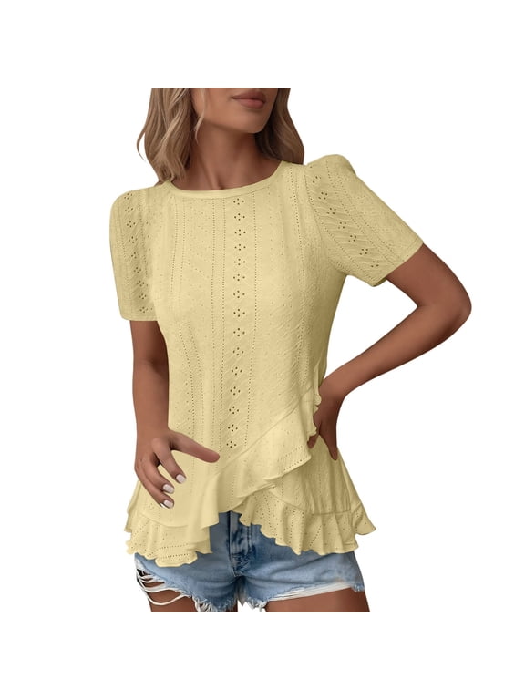 Womens Tops Ruffle Hem Eyelet Embroidery Casual Solid Round Neck Short Sleeve Ruffle Hem Top