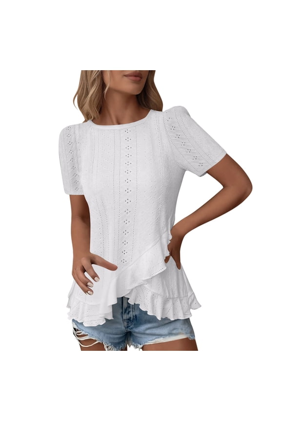 Womens Tops Ruffle Hem Eyelet Embroidery Casual Solid Round Neck Short Sleeve Ruffle Hem Top