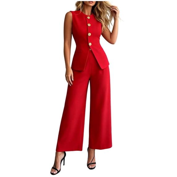 TEAJOPSUU Womens Trendy 2 Piece Suit Sleeveless Round Neck Button Down Vest Blazer High Waisted Wide Leg Pants Outfits Dressy Solid Sets Red