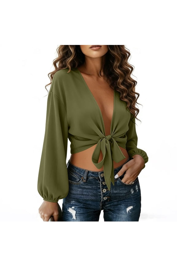 Womens Trendy Tie Front Tops Solid Color Long Sleeve Deep V-neck Blouse Cropped Wrap Front Casual Cover Up Summer Shirt B-Green