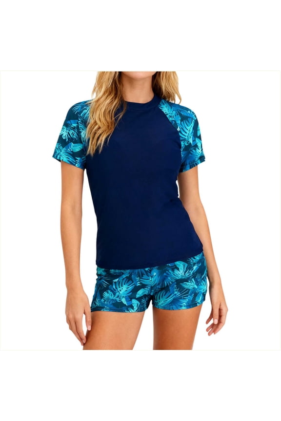 Womens Two Piece Tankini Swimsuit Quick Dry Tummy Control Bathing Suit Modest Sun Protection Swimsuit Round Neck Raglan Short Sleeve High Waist Swimwear A-Blue
