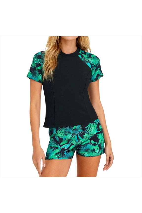 Womens Two Piece Tankini Swimsuit Quick Dry Tummy Control Bathing Suit Modest Sun Protection Swimsuit Round Neck Raglan Short Sleeve High Waist Swimwear A-Black
