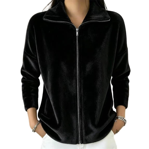TEAJOPSUU Womens Velour Full Zip up Jackets Warm Winter Outerwear Long Sleeve Collared Fleece Jacket Casual Relaxed Fit Blouses Black