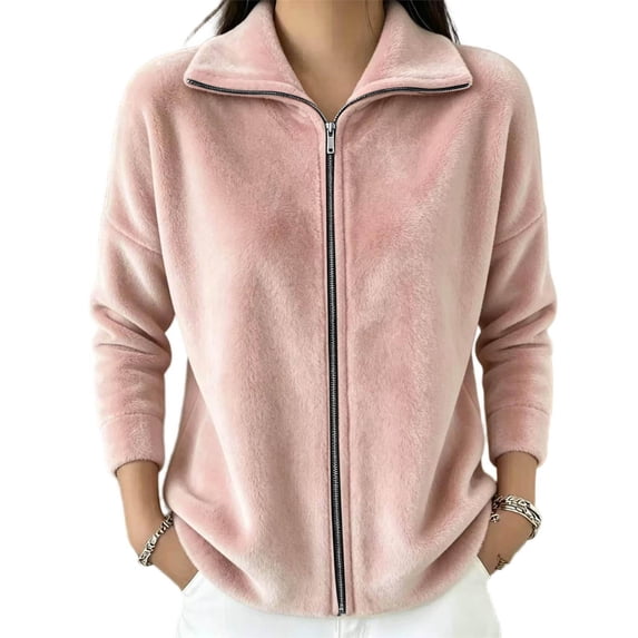 TEAJOPSUU Womens Velour Full Zip up Jackets Warm Winter Outerwear Long Sleeve Collared Fleece Jacket Casual Relaxed Fit Blouses Pink