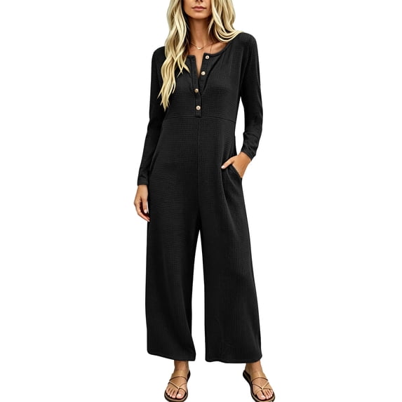TEAJOPSUU Womens Waffle Knit Jumpsuit Long Sleeve Button Henley Neck Wide Leg Long Romper with Pockets Casual Loungewear Black