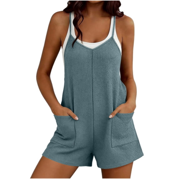 TEAJOPSUU Womens Waffle Knit Rompers Adjustable Spaghetti Straps with Pockets Jumpsuits Summer Casual Overalls for Everyday Lounge Wear Mint Green