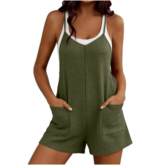 TEAJOPSUU Womens Waffle Knit Rompers Adjustable Spaghetti Straps with Pockets Jumpsuits Summer Casual Overalls for Everyday Lounge Wear Olive Green