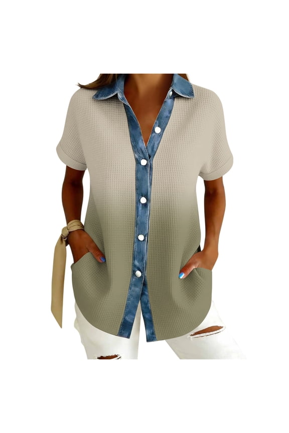Womens Waffle Knit Tops Gradient Print Button Down Turndown Collar Short Sleeve Loose Fit with Pockets Casual Summer Blouse for Daily Wear Olive Green