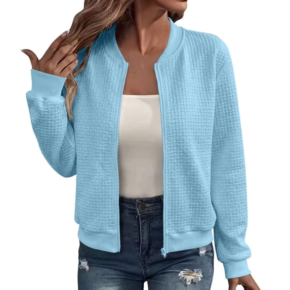 TEAJOPSUU Womens Waffle Zip up Bomber Jackets Crew Neck Ribbed Trim Long Sleeve Jackets Relaxed Fit Casual Top for Everyday Office Blue