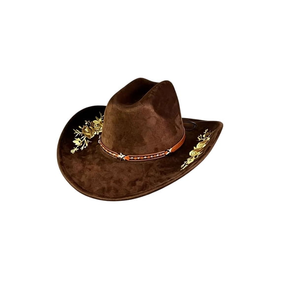 TEAJOPSUU Womens Western Cowboy Hats Shapeable Big Wide Brim Cowgirl Hat with Embroidery Chin Strap Classic Style Hats Coffee