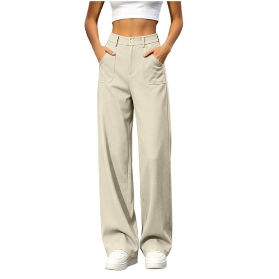 TEAJOPSUU Womens Wide Leg Business Pants with Pockets Loose Fit Elastic Single Button Fly High Waisted Office Casual Trousers Slacks Gray