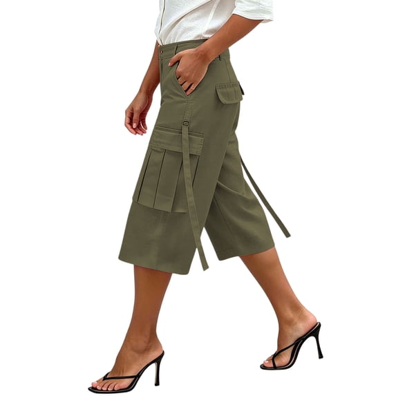 TEAJOPSUU Womens Wide Leg Cargo Capris High Waisted Workwear Cropped Pants with Pockets Casual Solid Color Daily Capri Bottoms Olive Green