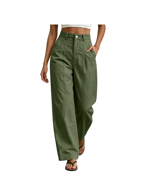 Womens Wide Leg Chinos Pants with Pockets Comfy Loose High Waisted Elastic Button Palazzo Pants Casual Daily Solid Trousers Olive Green