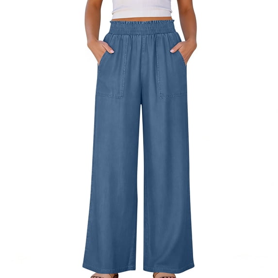 TEAJOPSUU Womens Wide Leg Jean Pants Elastic Waisted Denim Pants Stretchy Solid Color Casual Pull-On Lounge Trousers with Pockets Blue