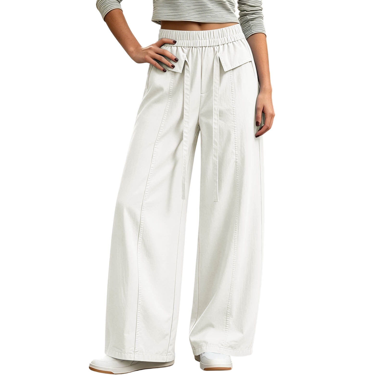 TEAJOPSUU Womens Wide Leg Pants Casul Drawstring Elastic Waist