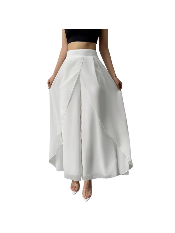 Womens Wide Leg Pants Chiffon Dress Long Pant Wrap Style High Waist Pant White