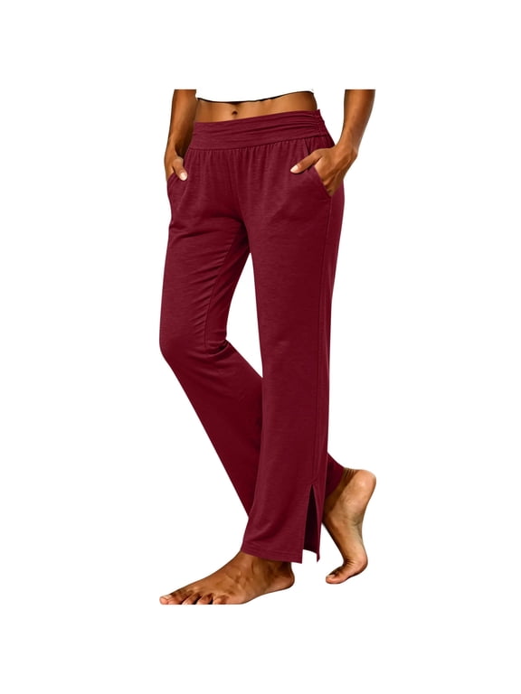 Womens Wide Leg Pants Cotton Blend Casual Elastic Waistband Split Side Hem Pants with Pockets Daily Loungewear Solid Trousers Burgundy
