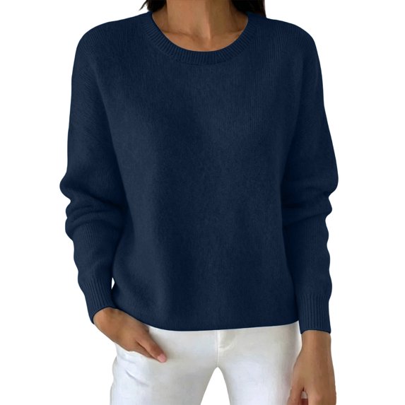 TEAJOPSUU Womens Winter Fall Knitted Sweaters Solid Long Sleeve Crew Neck Shirts Casual Relaxed Fit Pullover Blouses Blue
