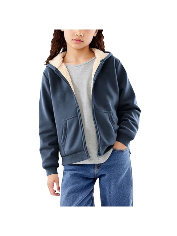 Zip Up Fleece Hoodies for Boys Girls Casual Winter Warm Sherpa Lined Sweatshirts Oversized Comfy Long Sleeve Pullover Sweaters C-Dark Blue