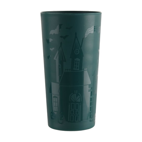 Mainstays 26 Ounce Round Plastic Etched Haunted House Tumbler, Teal