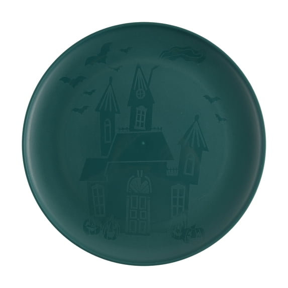 Mainstays 10.5 inch Round Plastic Etched Halloween Haunted House Plate, Teal