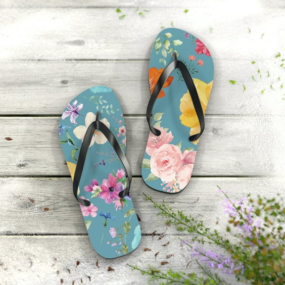 TEAL WATERCOLOR FLORAL SUMMER SANDLE DESIGN Flip Flops
