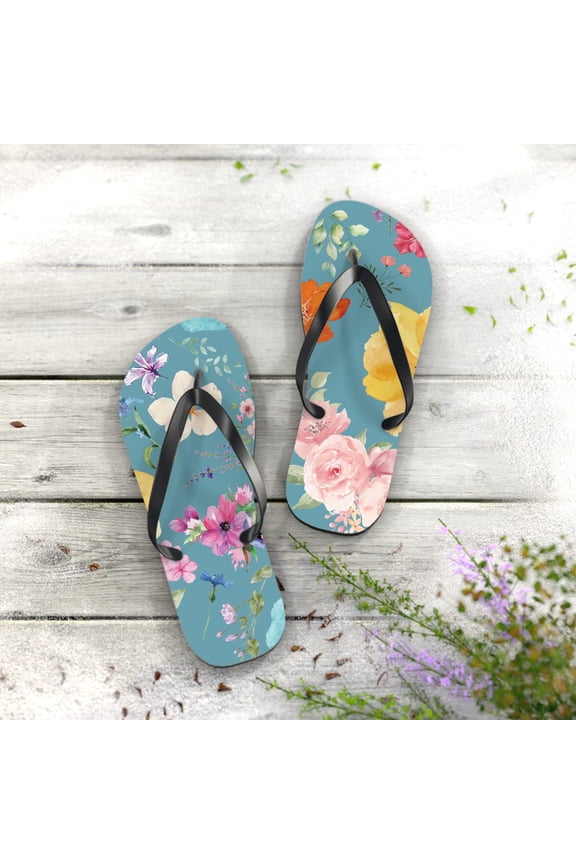 TEAL WATERCOLOR FLORAL SUMMER SANDLE DESIGN Flip Flops