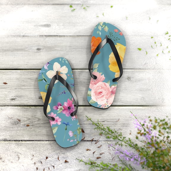 TEAL WATERCOLOR FLORAL SUMMER SANDLE DESIGN Flip Flops