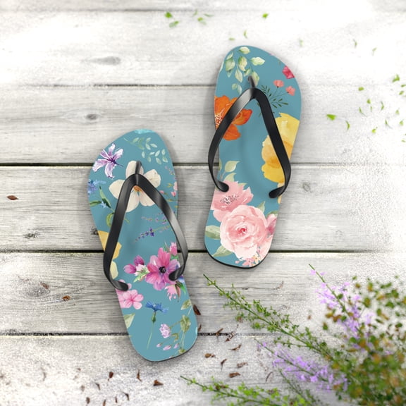 TEAL WATERCOLOR FLORAL SUMMER SANDLE DESIGN Flip Flops