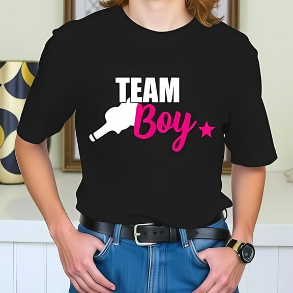 TEAM Boy Cotton Short Sleeve T-Shirt for Showers - Bold White Text with Pink Star & Hand Graphic Fun & Festive Design