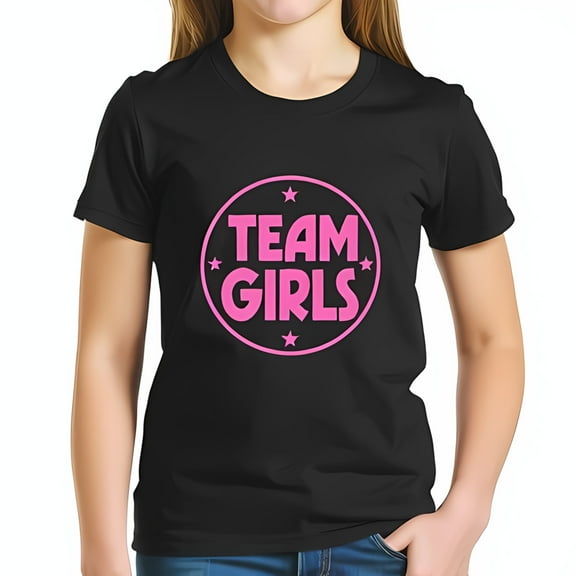 TEAM GIRLS Cotton Short Sleeve T-Shirt - Vibrant Black Tee with Playful Pink Text & Star Border Design for Empowerment