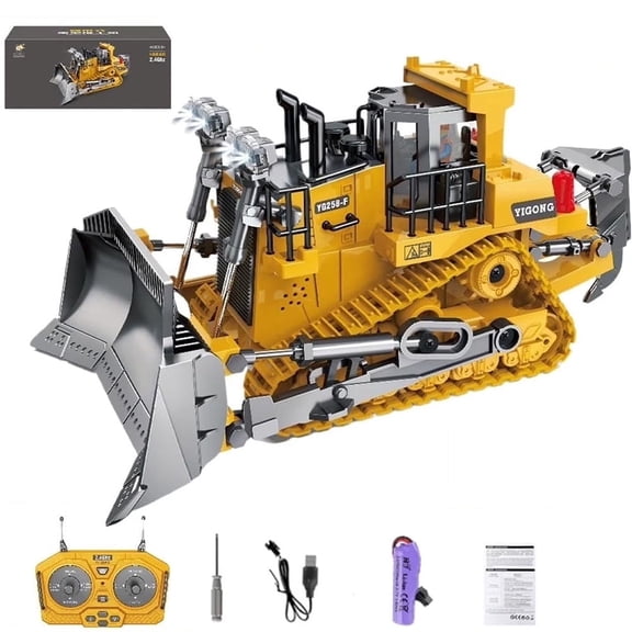 TEAMD 9-Channel Metal RC Bulldozer - Realistic Remote Control Kids Construction Play Toys with Lights and Sound, Track Type Tractor Toys for 3+ Boys, Perfect Kids Gift for Ages 3-12+