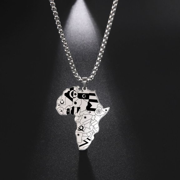 TEAMER Africa Map Necklaces African Countries Flags Map Pendant Stainless Steel Silver Necklace